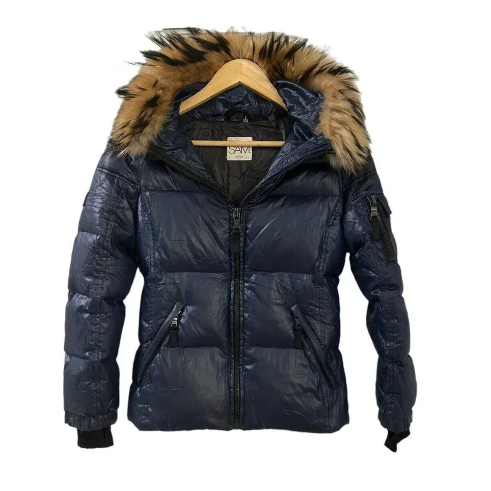 SAM Womens Down Puffer Jacket Black Raccoon Fur Trimmed Size XXS MSRP 450 - Picture 2 of 13